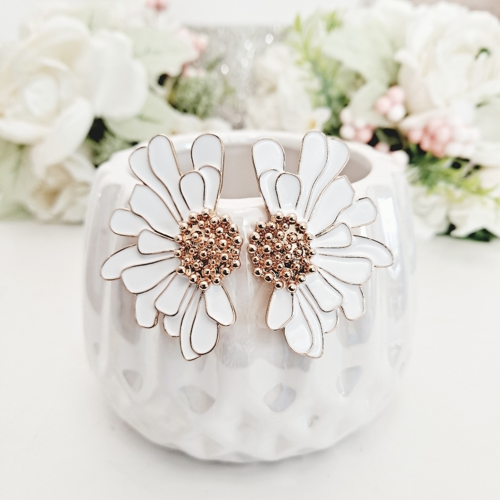 Gold White Flower Boho Statement Earrings Floral oversized Dangle Wedding Guest